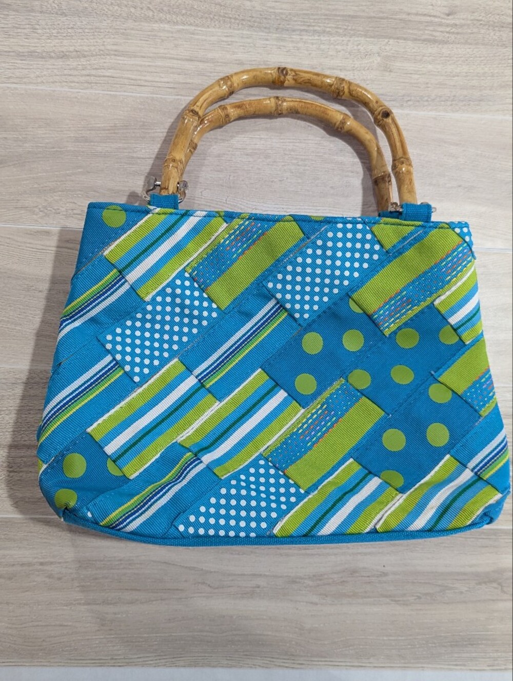 Alexandra Bartlett Handbag Bamboo Handle Purse Blue Green Fabric *NWOT